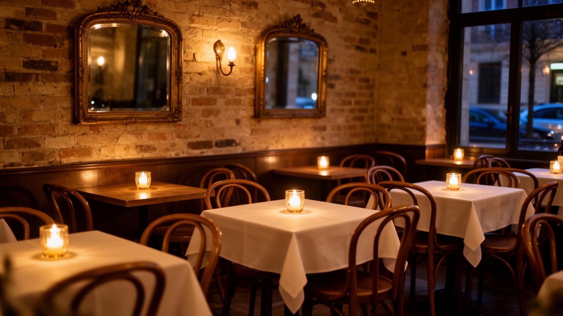 Salle chaleureuse du bistro aux tables dressées